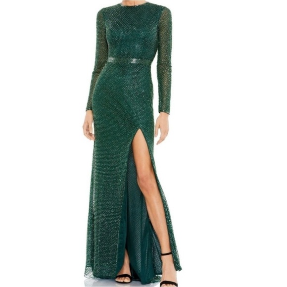 WOMENS BEADED LATTICE EVENING DRESS Elegant Green Evening Gown size 16 - Picture 1 of 10